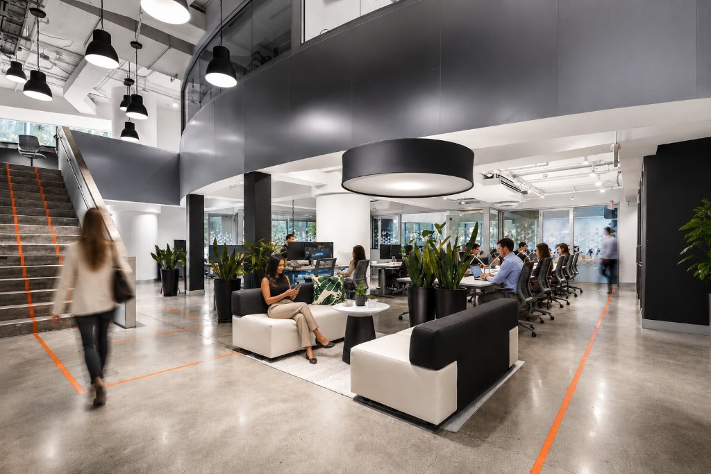 Full-width interior, natural light, plants, river view