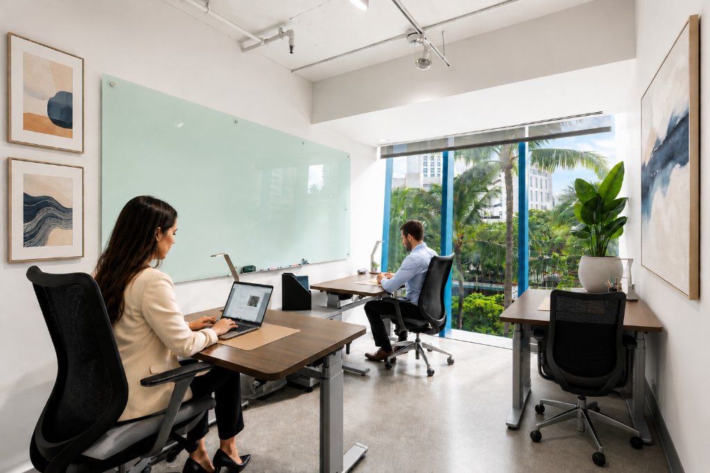 3-Person Office, open team room, floor-to-ceiling windows, white, palm trees