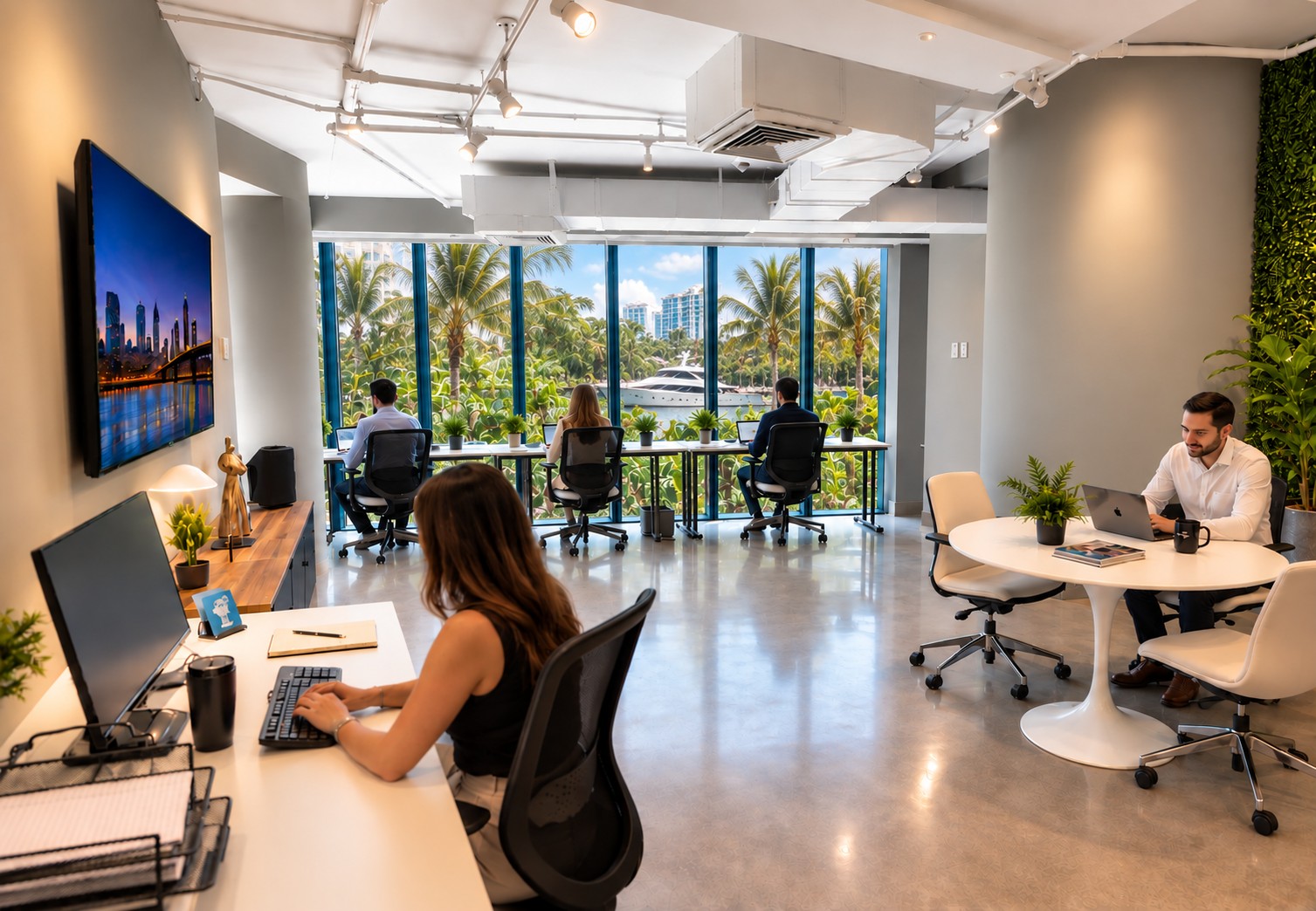 Private office suite with desks overlooking the water