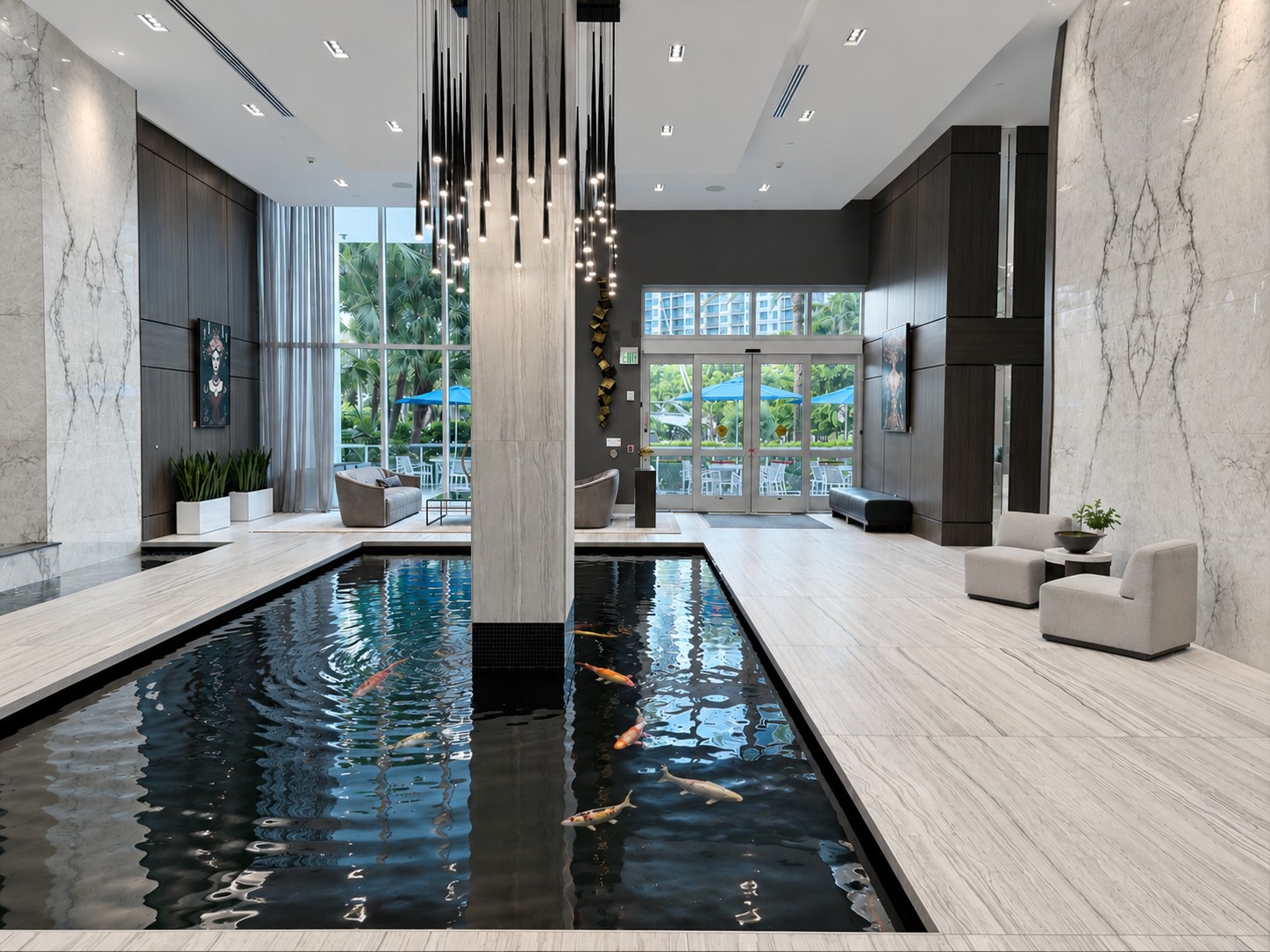 River House Las Olas lobby with koi pond and marble column