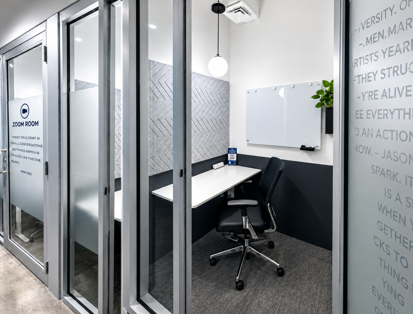 Private Zoom Room with desk, chair and whiteboard