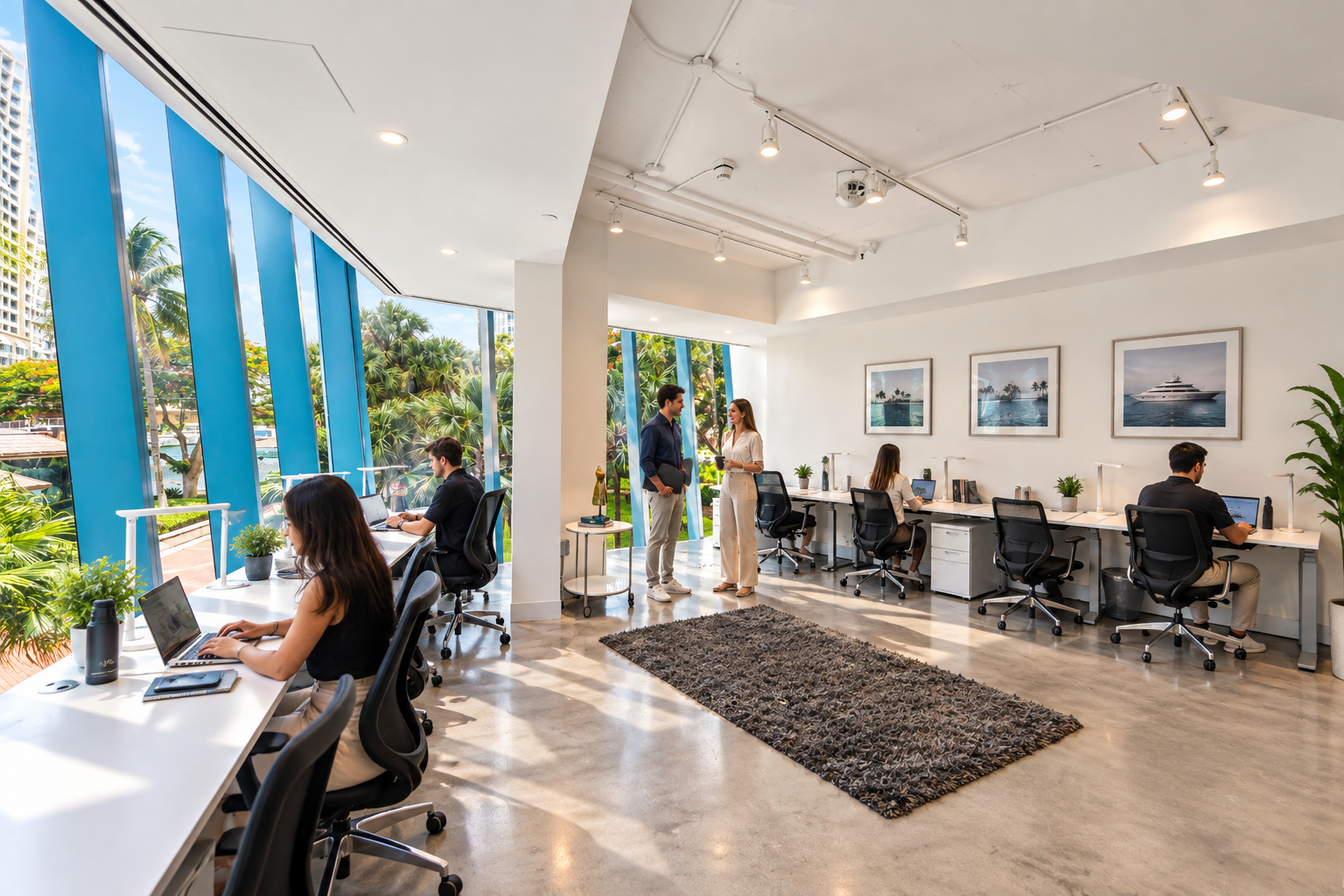Private office with members working and water views