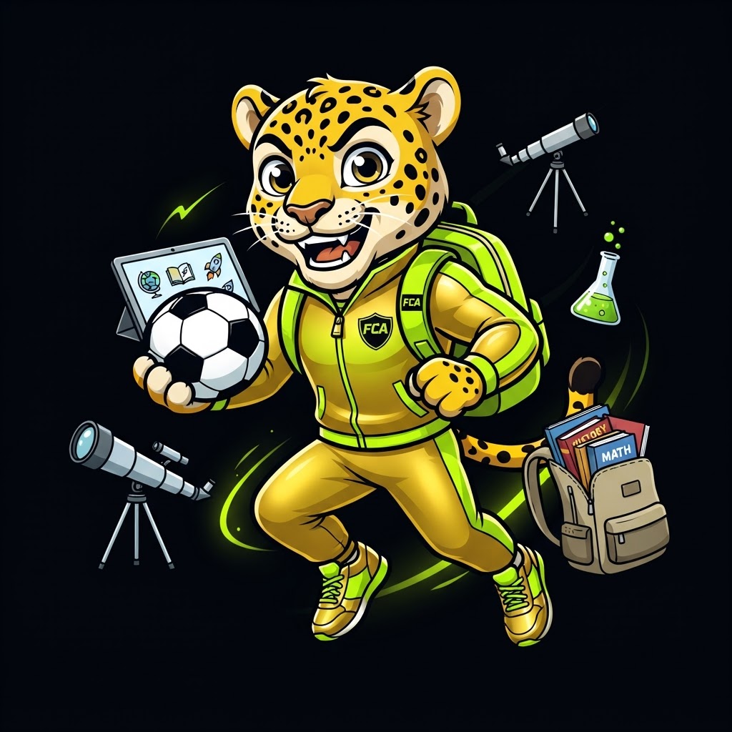 Rising Champions mascot — energetic leopard with backpack and sports gear