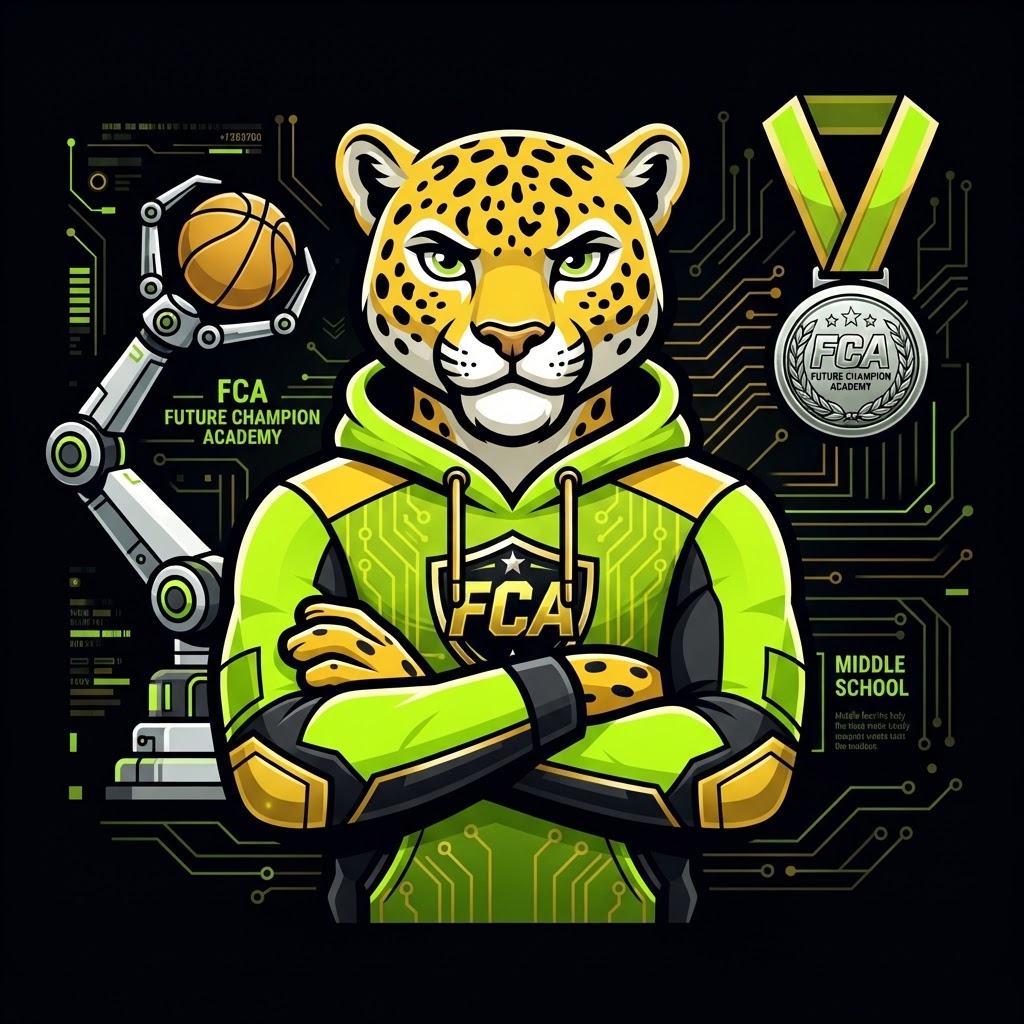 Junior Champions mascot — confident leopard with robotics and tech