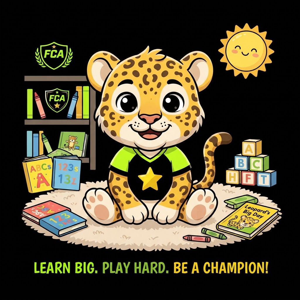Little Champions mascot — playful leopard with books and learning tools