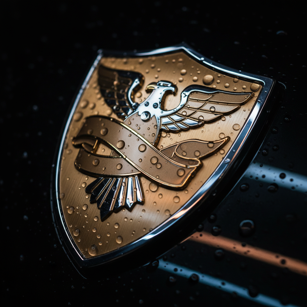 Bentley emblem detail with water beading