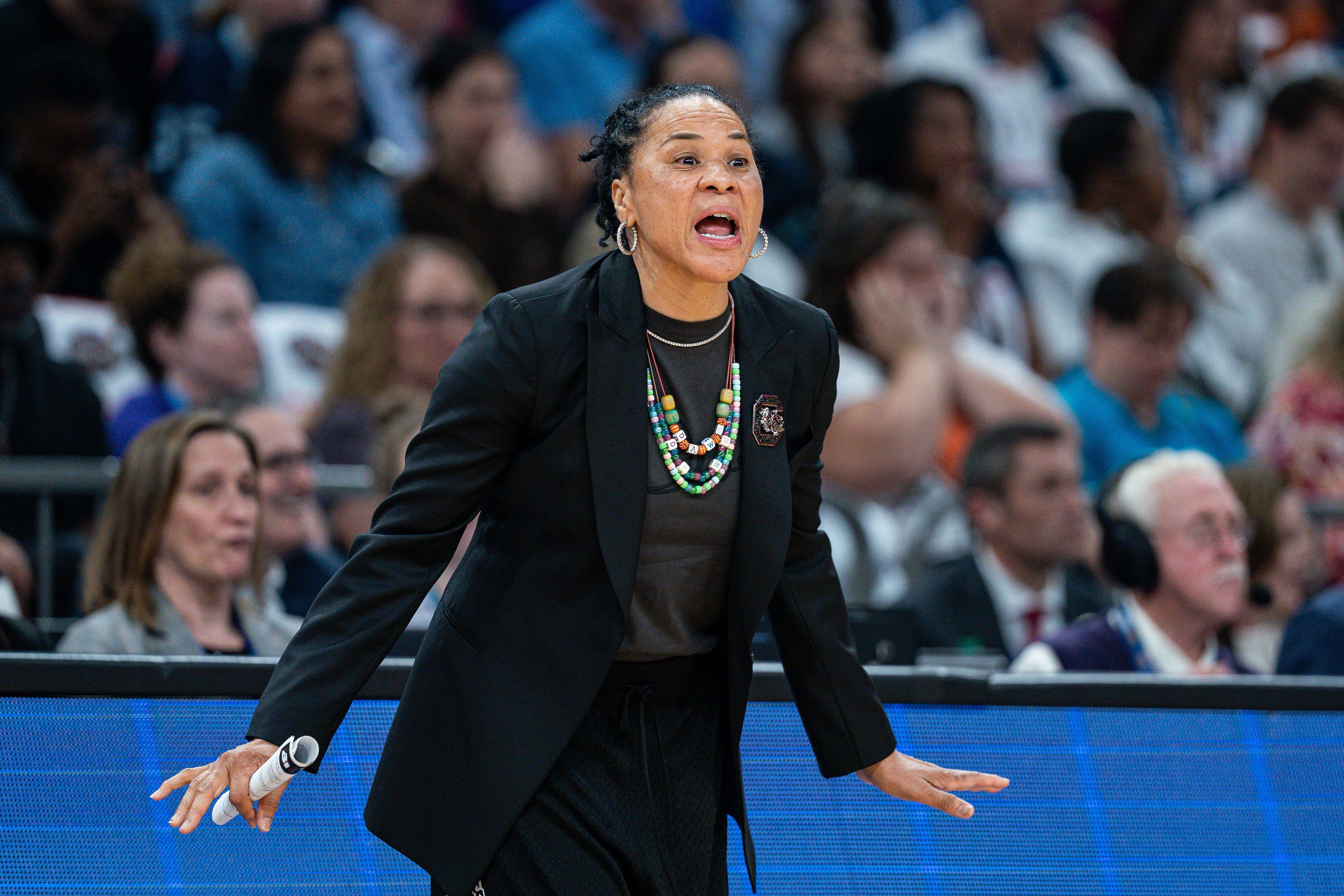 Dawn Staley in a moment of intense communication during a game