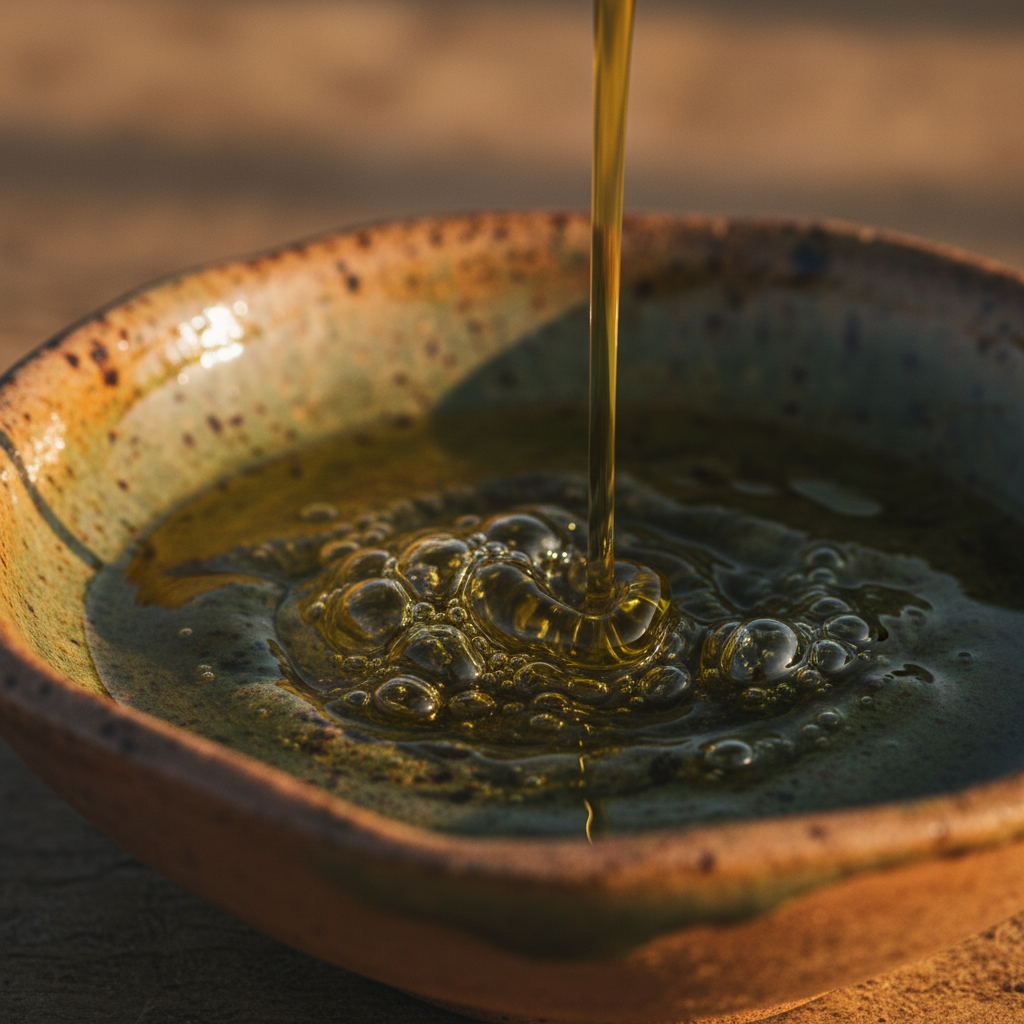 Macro close-up of viscous golden-green olive oil being poured into a ceramic bowl, capturing bubbles and surface tension in warm directional light