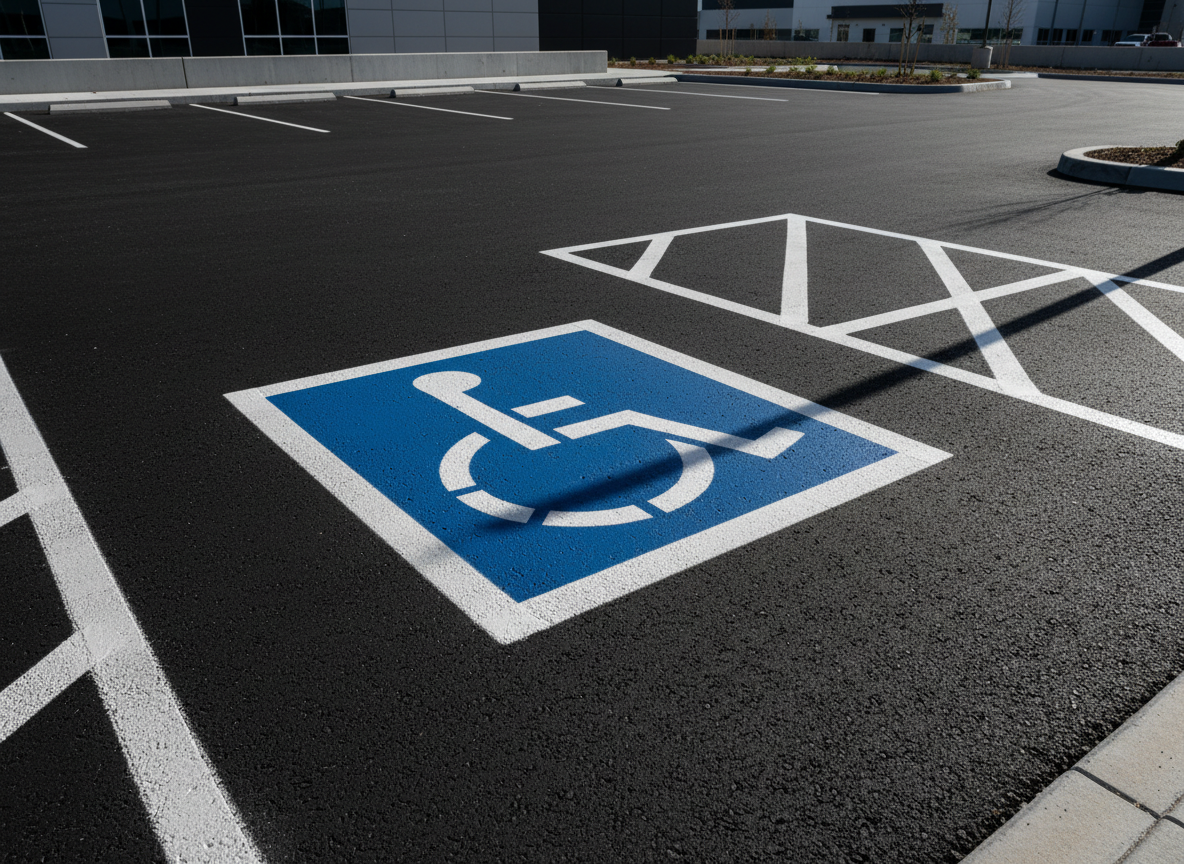 Crisp ADA-compliant blue and white handicap stencil on fresh asphalt with perfect geometric precision