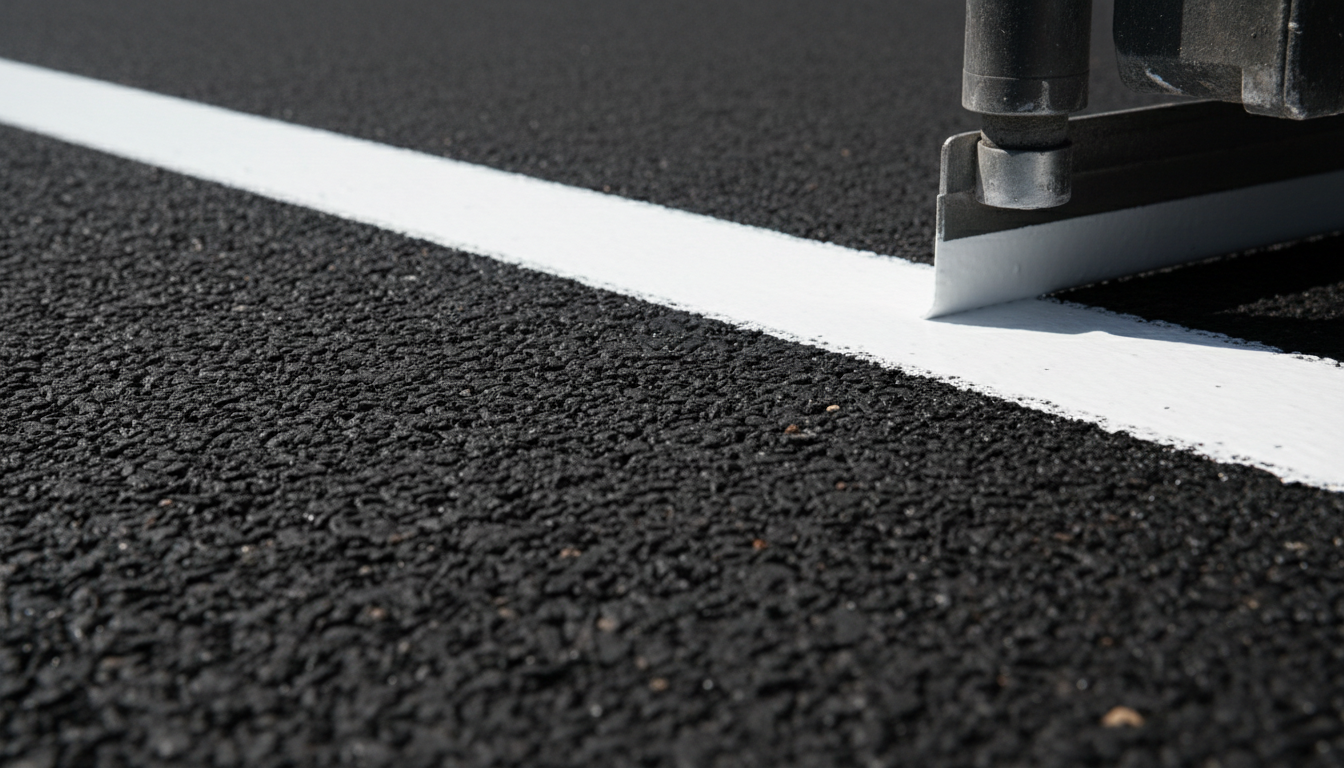 Crisp white line being freshly painted onto textured black asphalt with razor-sharp precision