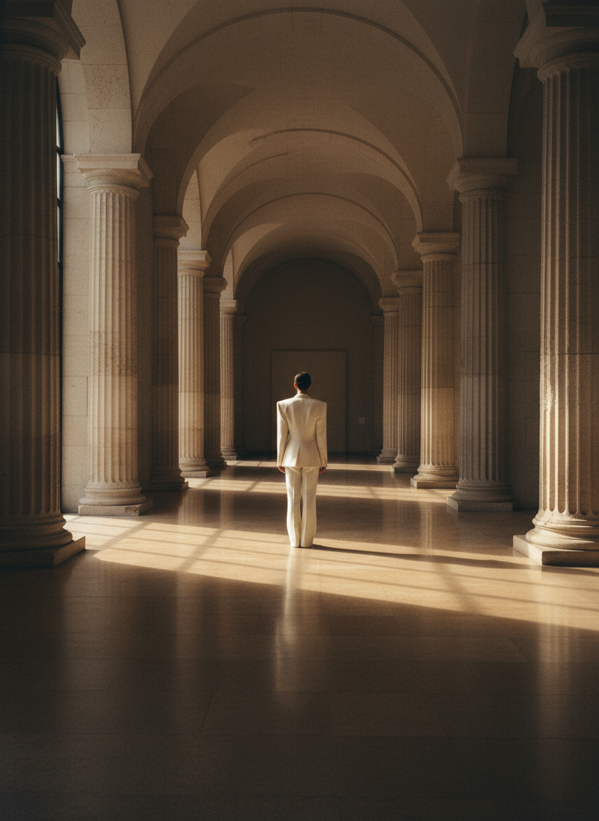 Architectural gallery with a figure in a structured garment