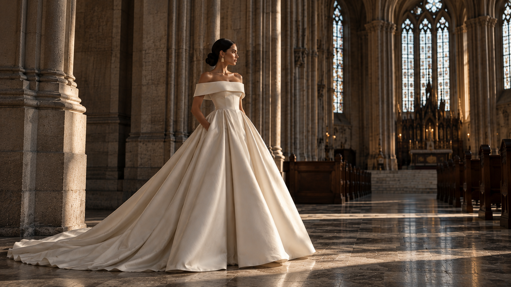 A bride in an off-the-shoulder ivory gown standing in a sunlit gothic cathedral