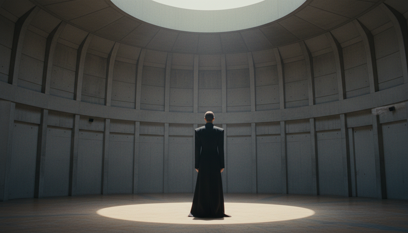 A singular figure in structured garment within a brutalist concrete space