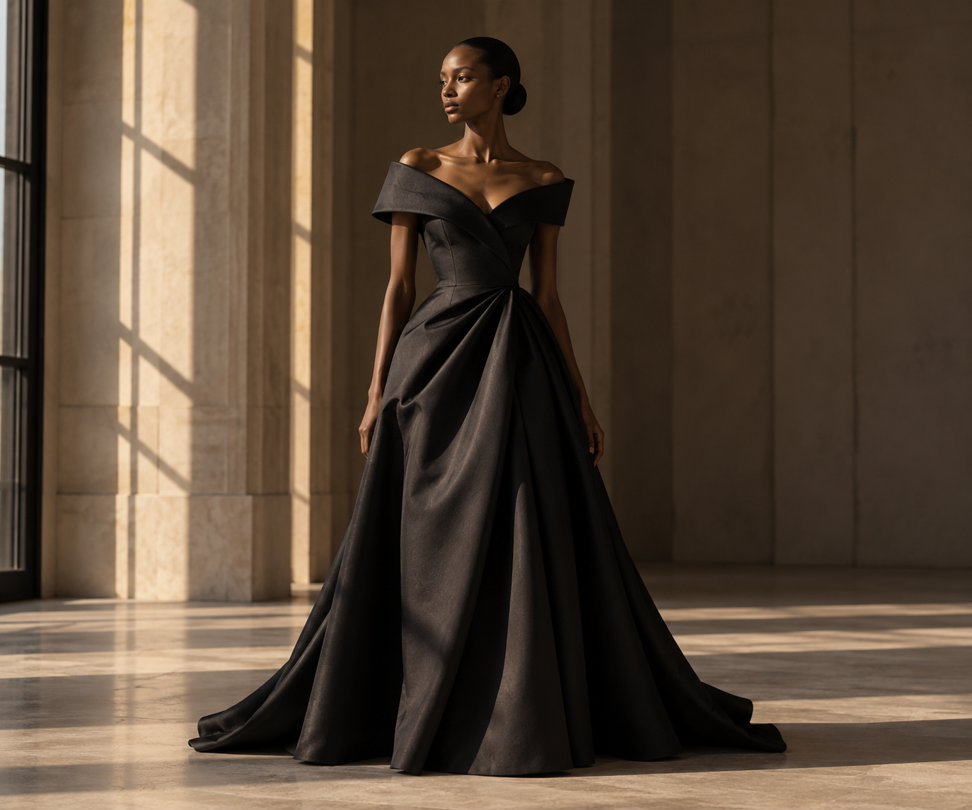 A sculptural black gown in a sunlit atelier