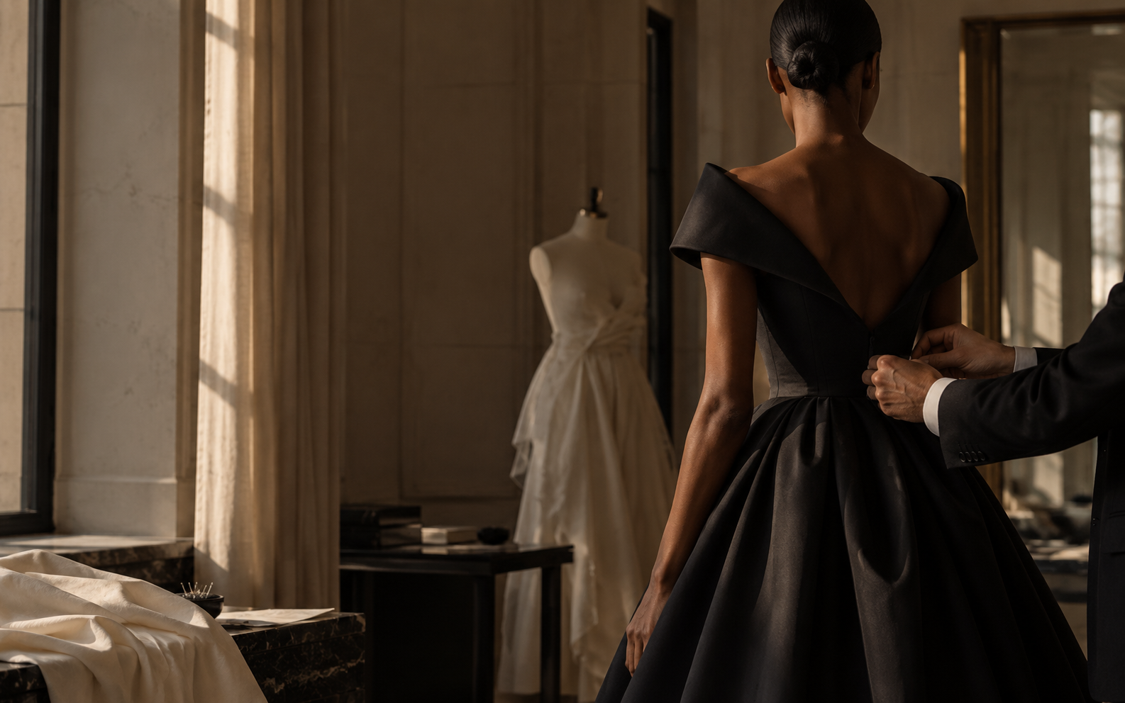 A private fitting — hands adjusting a gown in the atelier