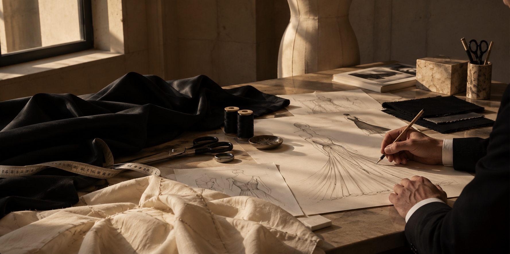 The private atelier — a hand sketching a gown on a sunlit studio table