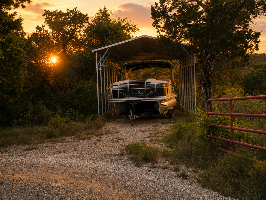 Covered boat parking with pontoon at sunset near Medina Lake