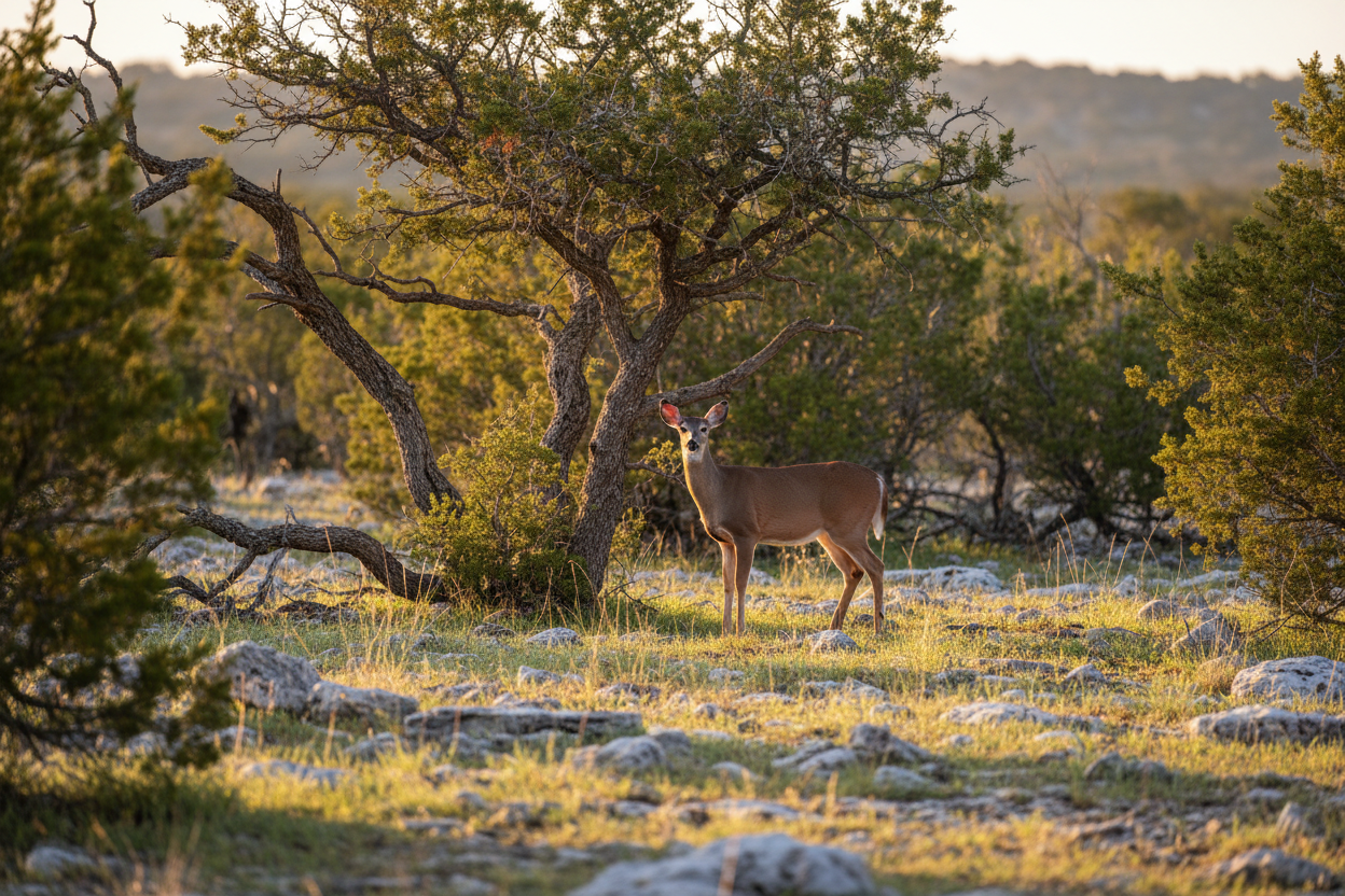 White-tailed deer in Texas Hill Country among live oak trees at dawn