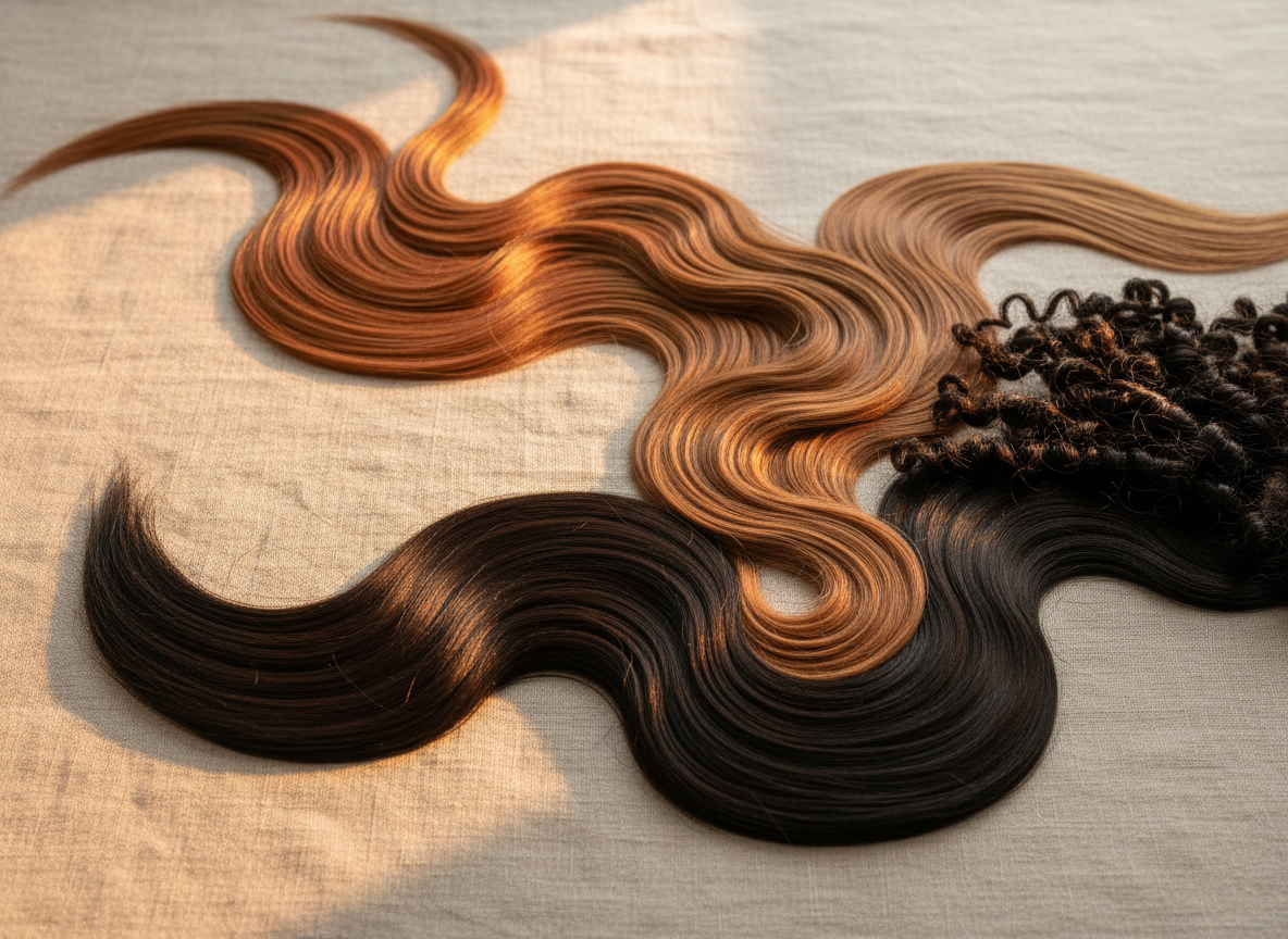 Raw Indian hair bundles on natural linen