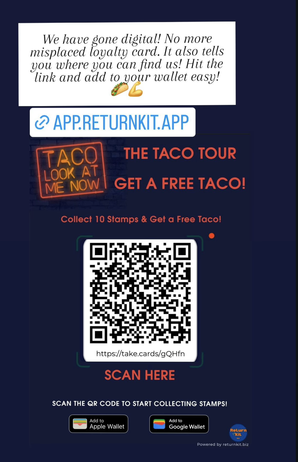 Taco Look at Me Now QR stand