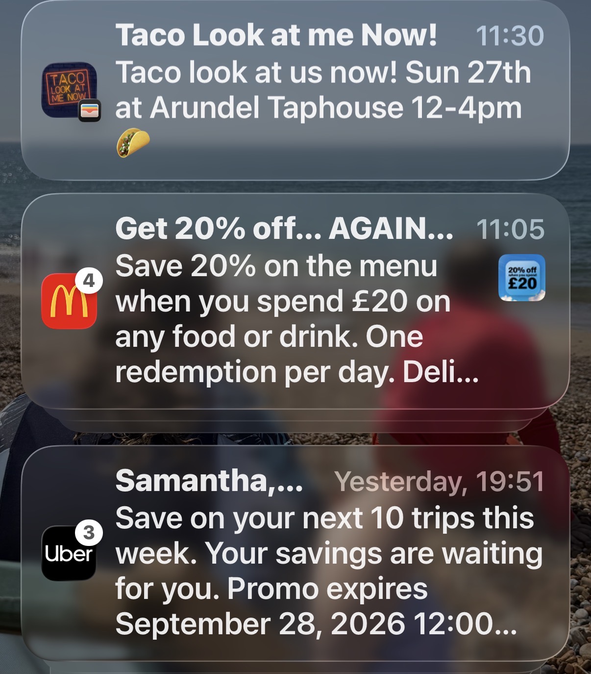 Multiple push notifications on a customer's phone lock screen — Taco Look at Me Now alongside McDonald's and Uber, showing how ReturnKit sends the same kind of engagement alerts the big brands use