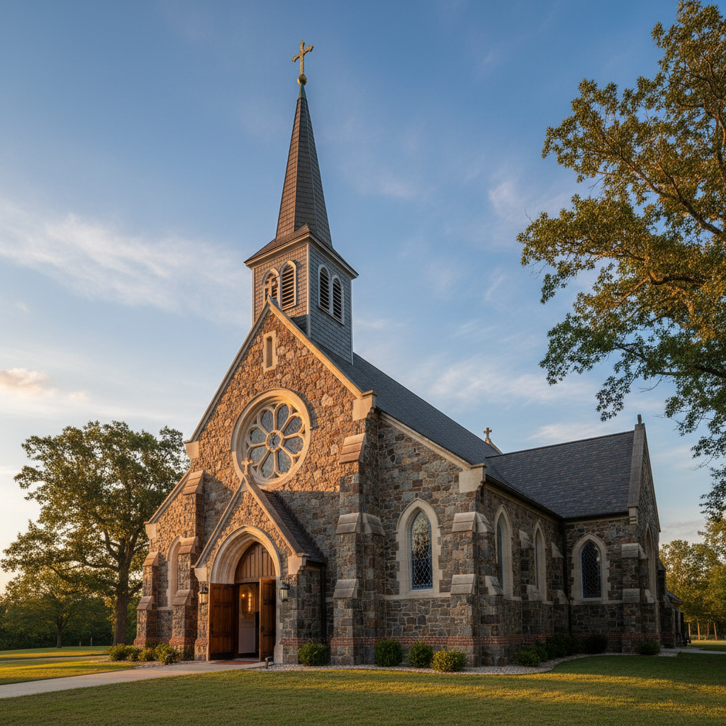 Christian church with steeple at golden hour