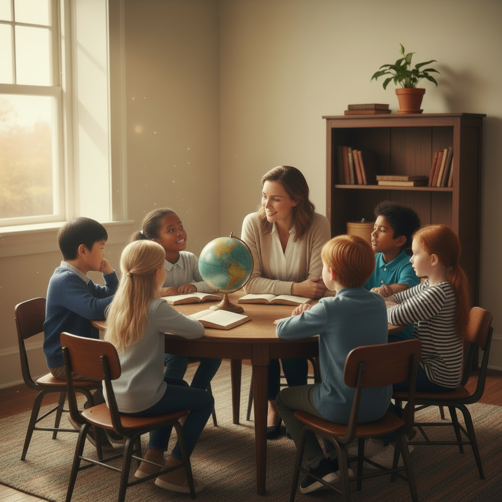 Children engaged in a hands-on classroom activity with their teacher