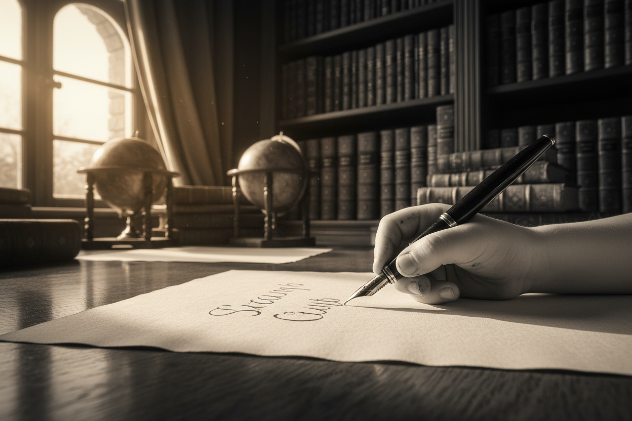 Student writing with fountain pen in a classical library