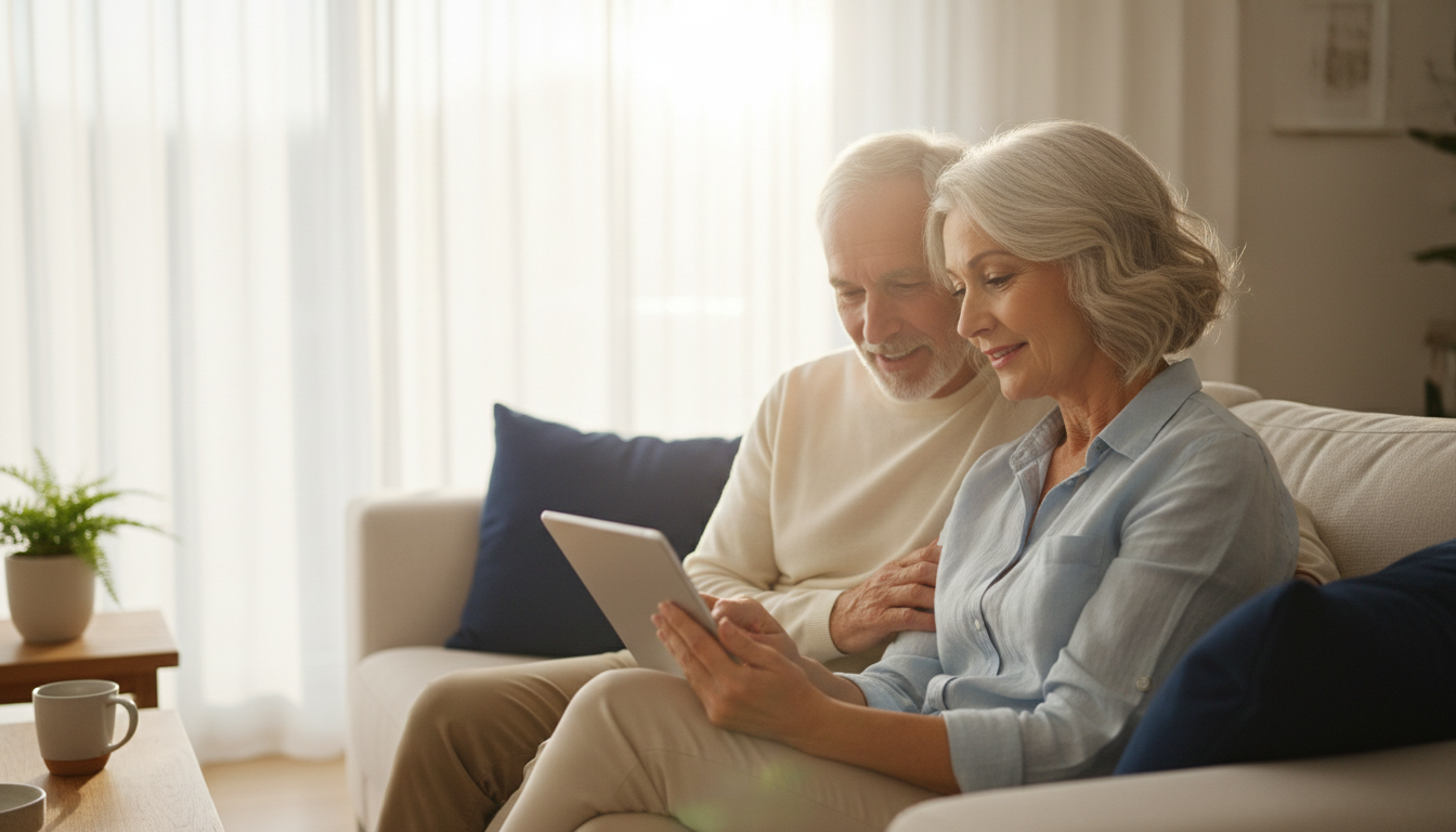Senior couple reviewing insurance options together in warm sunlit room