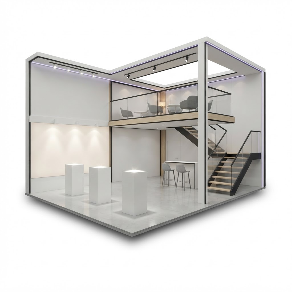 3D-Rendering eines hochwertigen zweistöckigen Messestands mit Glasbrüstung, Treppe und violetten Lichtakzenten