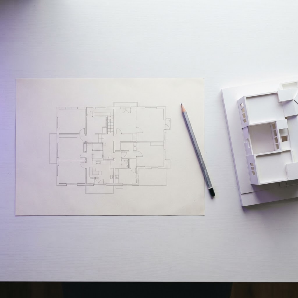 Weißer Schreibtisch von oben mit Grundriss-Zeichnung, Stift und weißem Architekturmodell