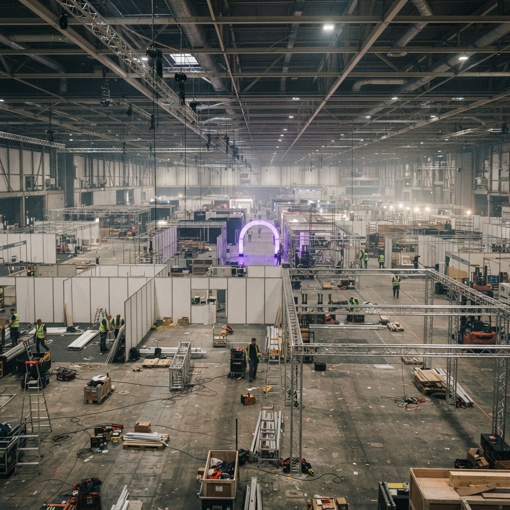 Leere Ausstellungshalle im Aufbau mit Traversen und weißen Wandmodulen