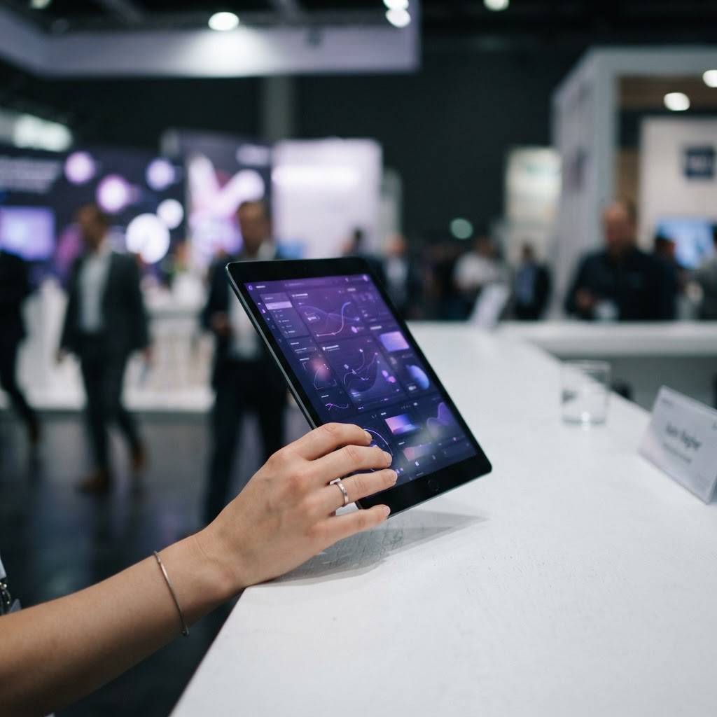 Hand mit Tablet an einem weißen Empfangstresen mit abstrakter Bedienoberfläche