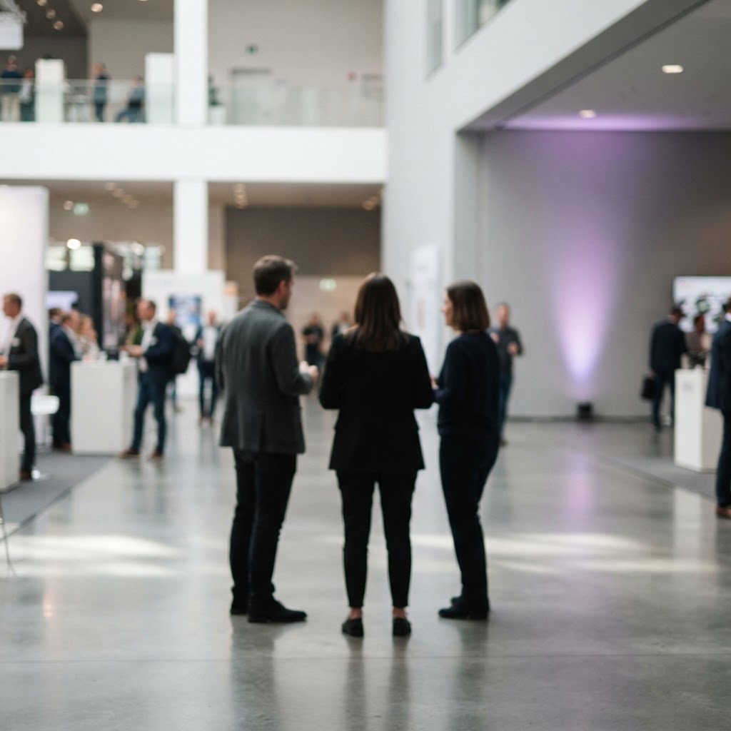Drei unscharfe Personen im Gespräch in einem hellen Ausstellungsraum, von hinten gesehen