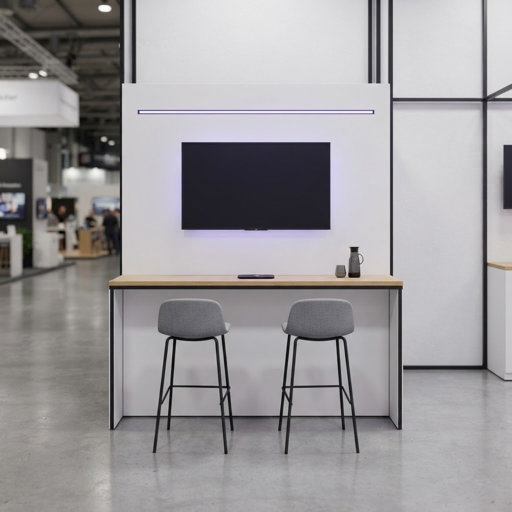 Schlanke Demo-Theke mit zwei Barhockern vor einem Displaypanel mit violettem Lichtschein