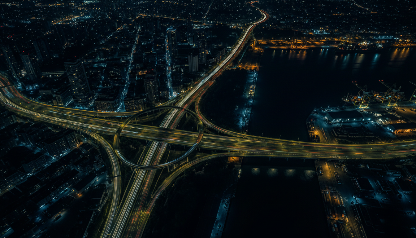Vista aérea noturna de cidade com trilhas de luz