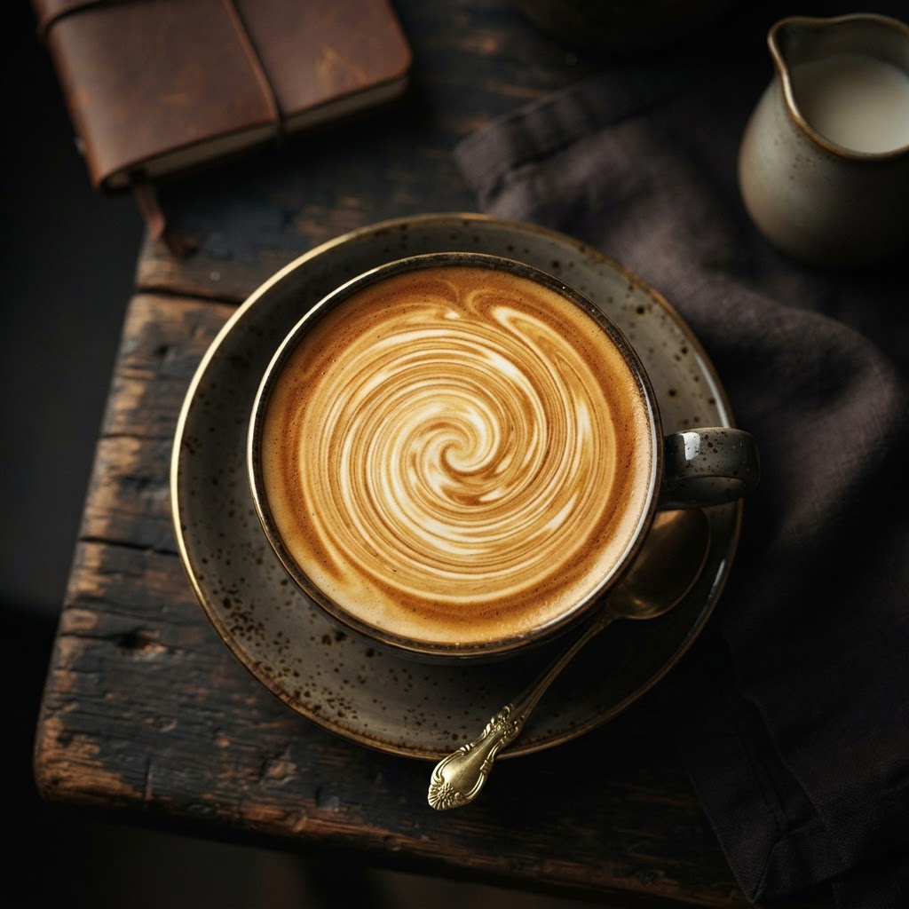 A cup of coffee with a fancy swirl of cream in the center