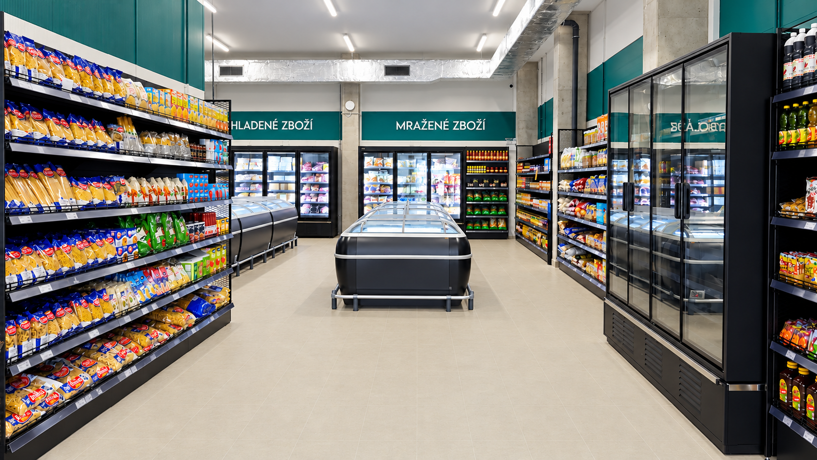 Prodejna Garant Food Market Zdice – interiér s regály a mrazicími boxy