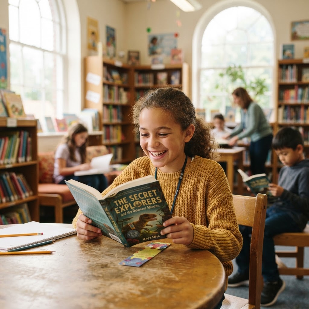 A young student smiling while reading in a sunlit school library