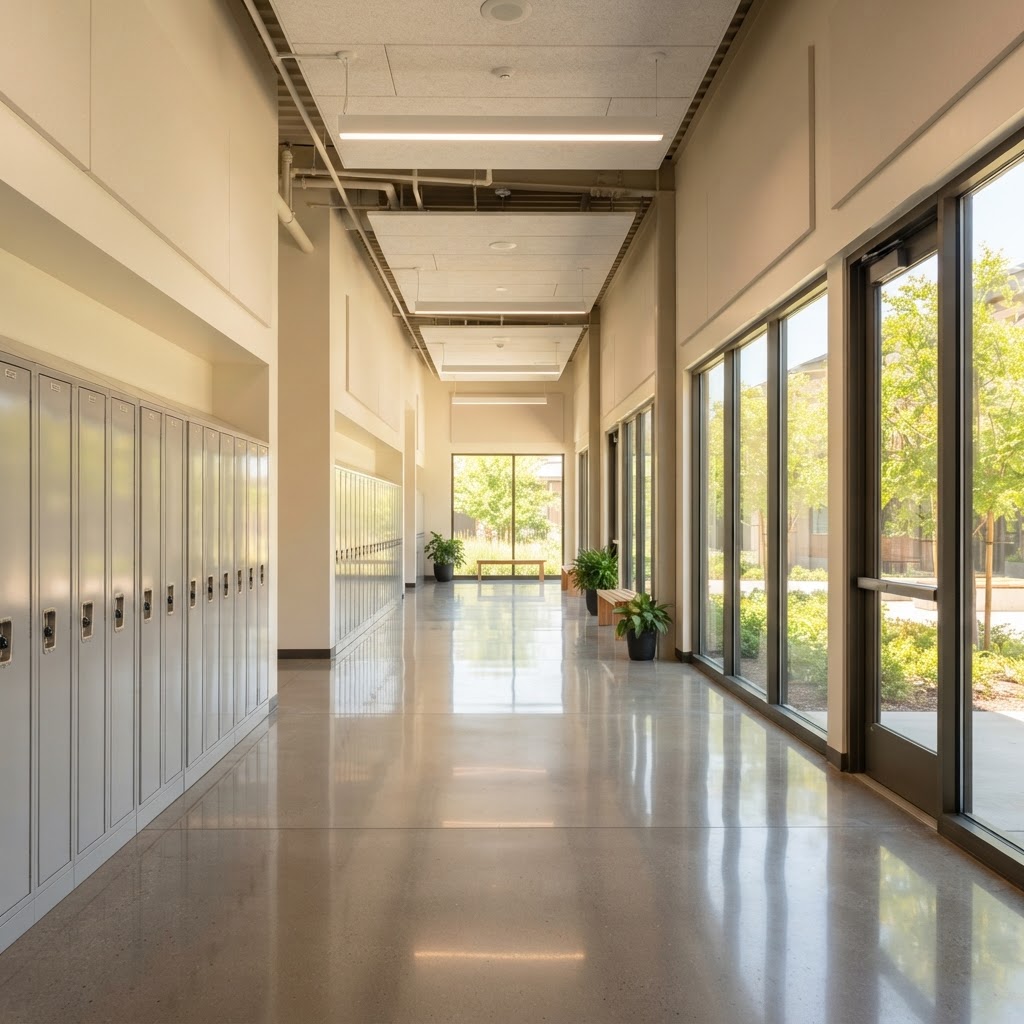 Bright modern school hallway with lockers and natural light