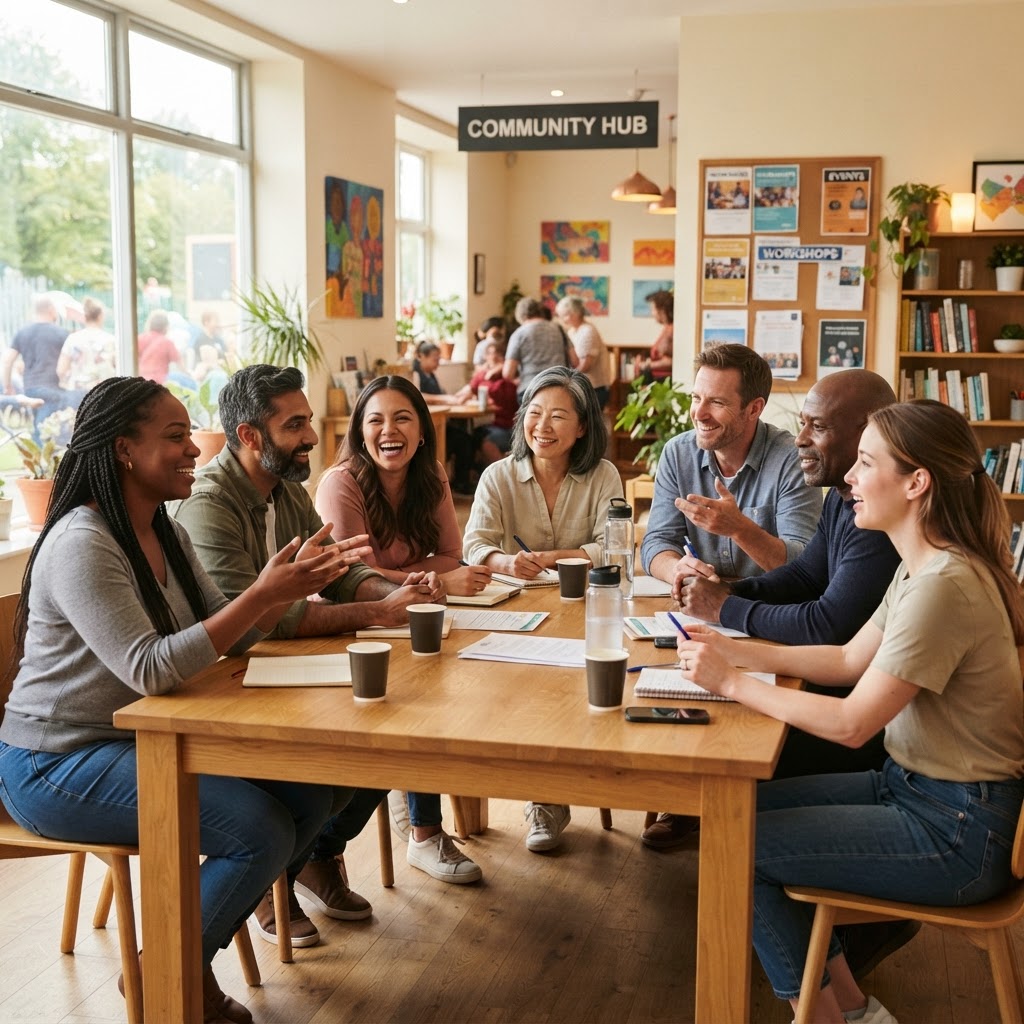 Parents in a collaborative discussion at a community center