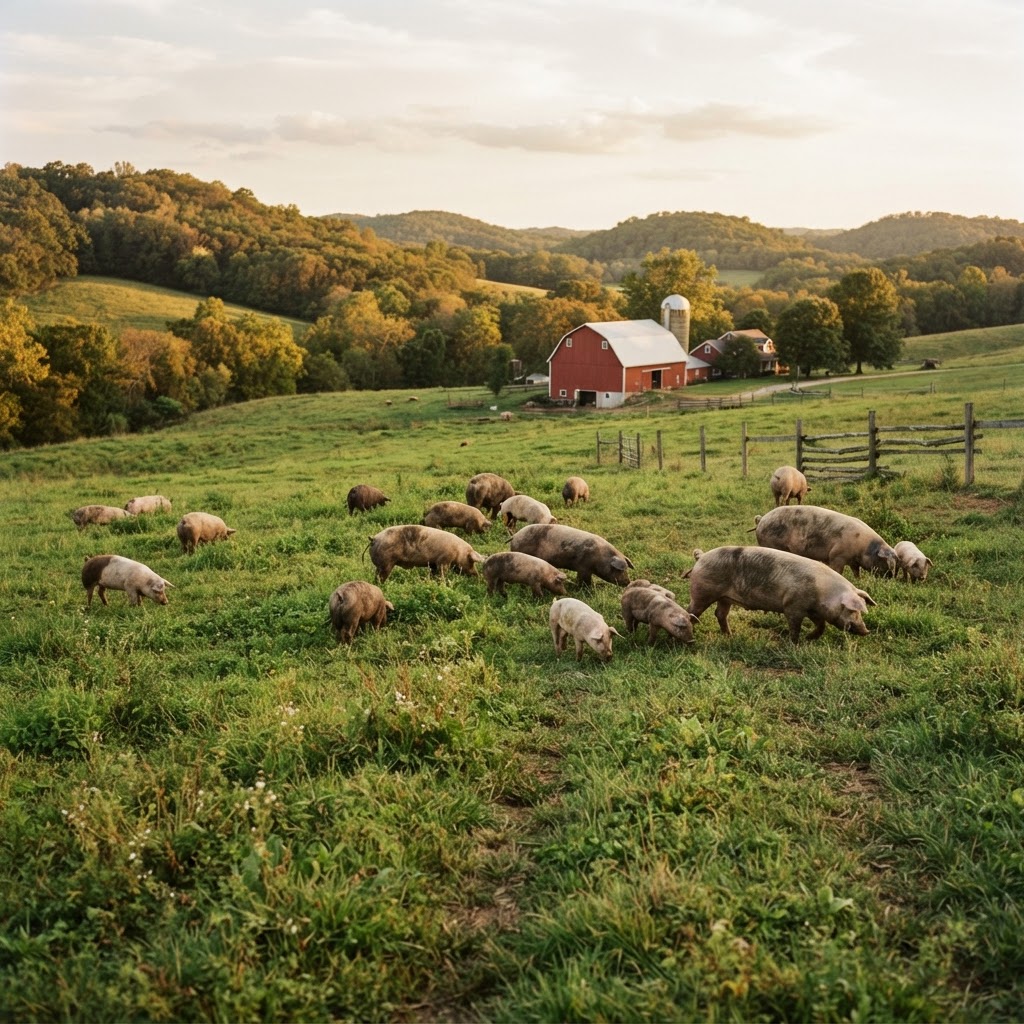 Hogs grazing on an Ozarks pasture