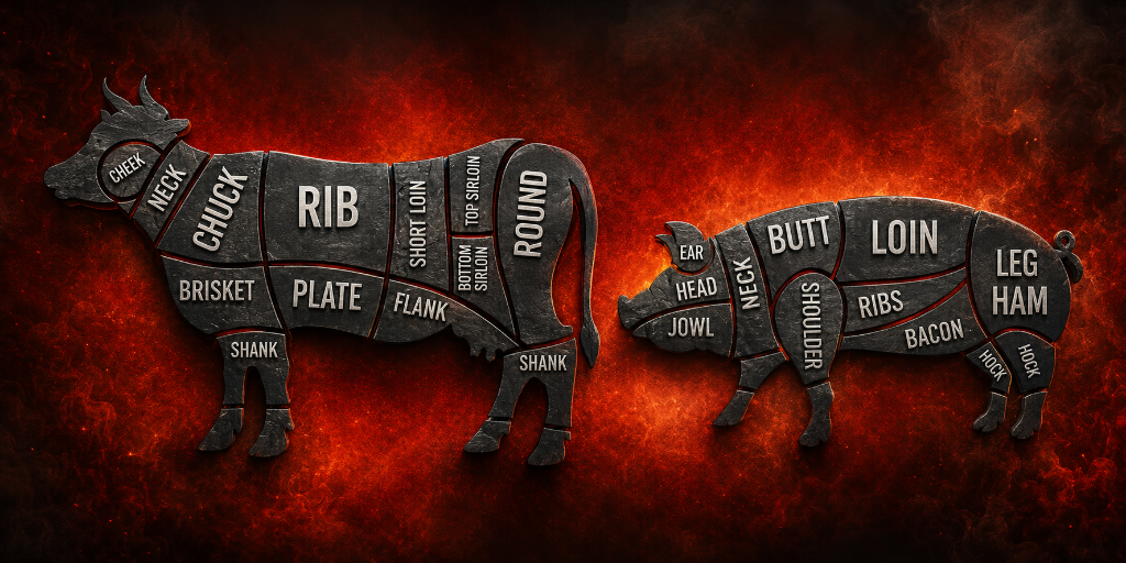 Beef and Hog butcher cuts diagram