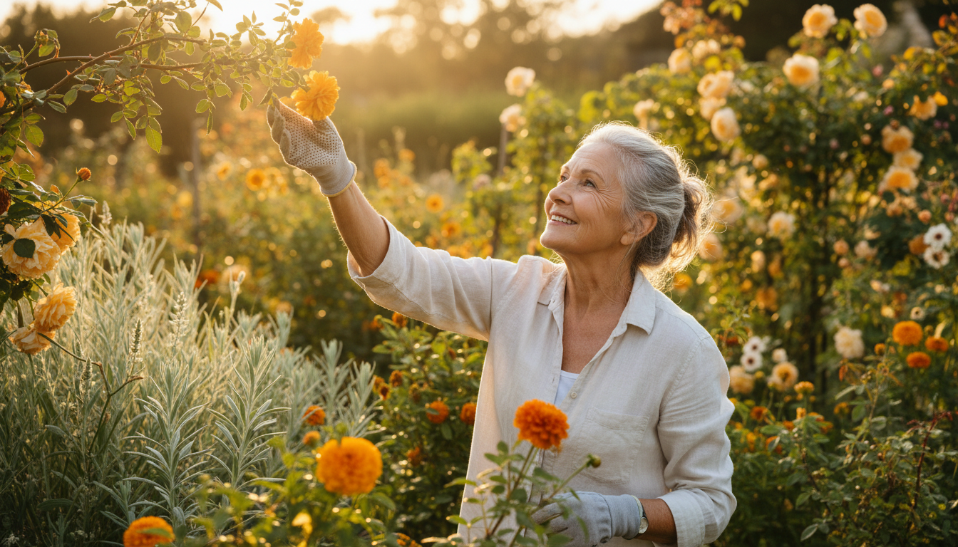 Senhora sorridente cuidando de seu jardim ao pôr do sol