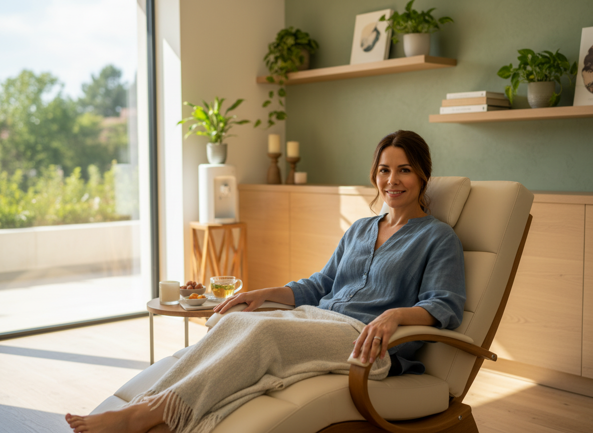 Relaxed adult in a bright, modern dental space
