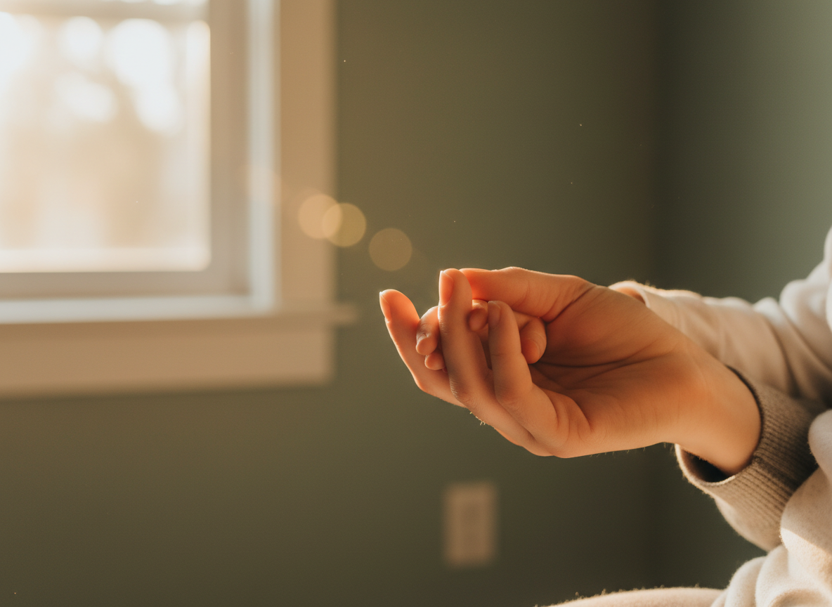 Mother holding child's hand in warm sunlit room
