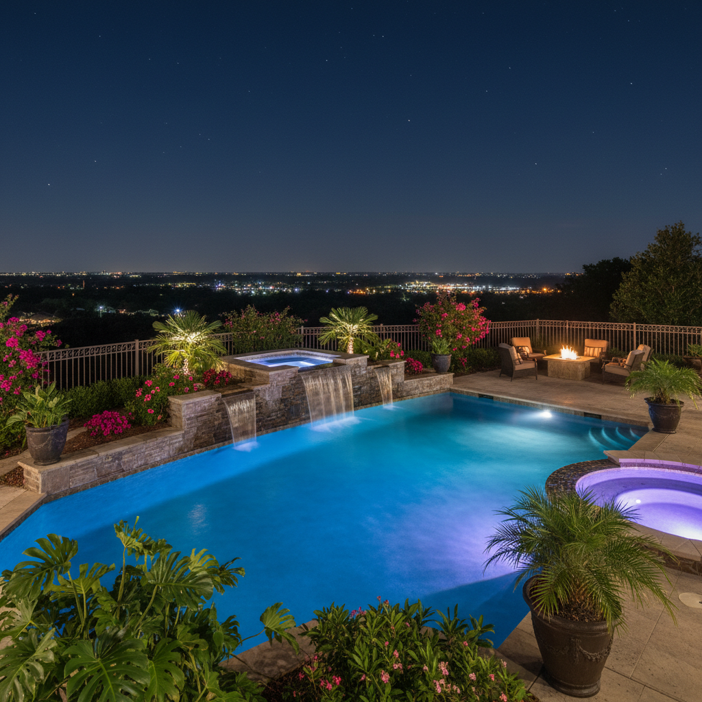 Heated spa and pool with LED lighting at night β Cocoa Beach