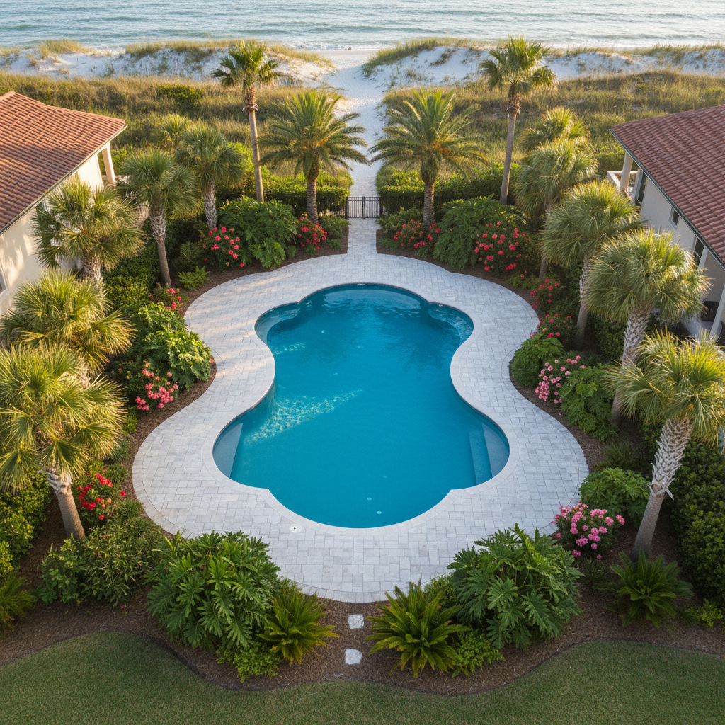 Aerial view of finished pool with tropical landscaping β Ormond Beach