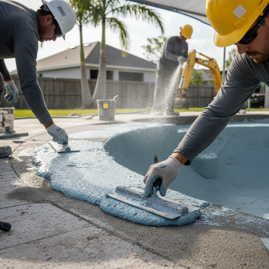 Plaster finish application on pool surface β Lake Mary