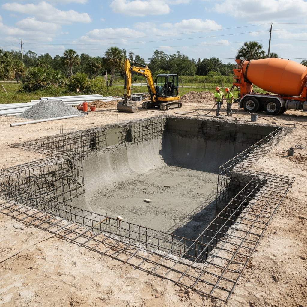 Concrete shell and gunite structure under construction β Daytona Beach